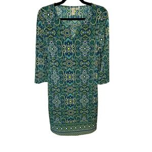 Tacera Green Blue Paisley Print 3/4‎ Sleeve V Neck Casual Dress Womens Small S